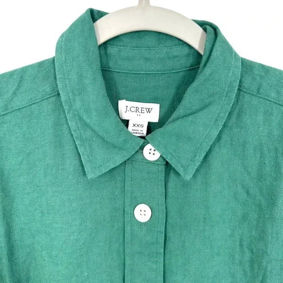 J. Crew Green Linen Blend Short Sleeve Button Front Belted Shirt Dress XXS NWT - Picture 7 of 8